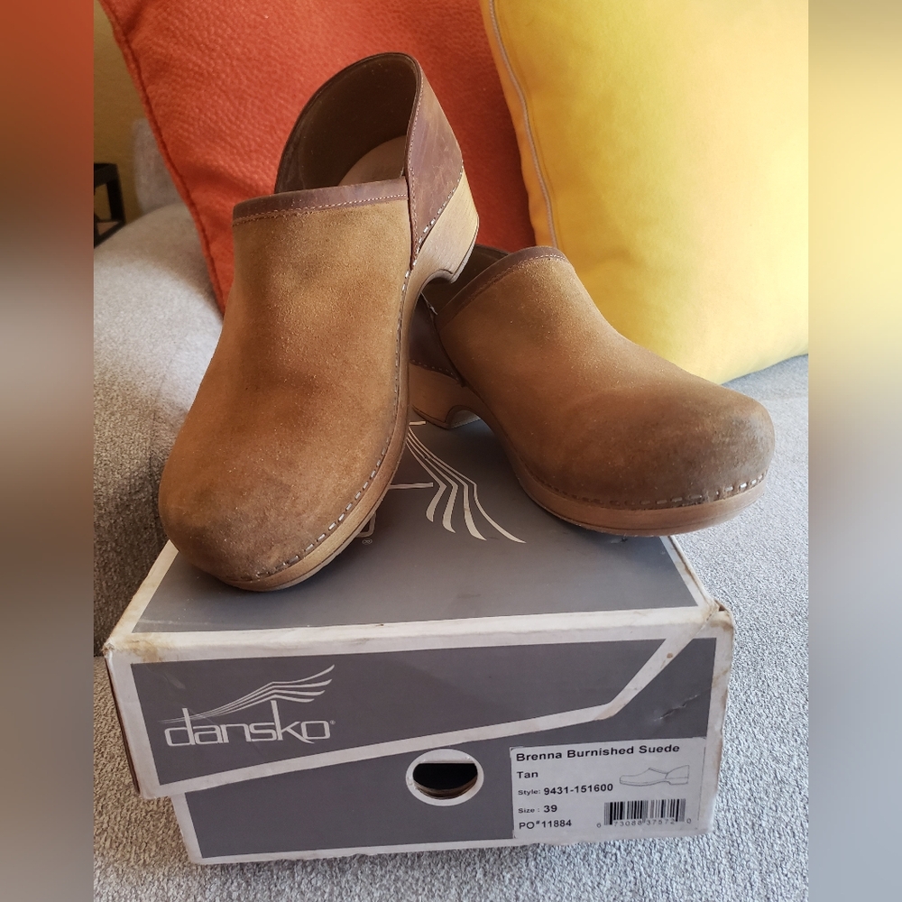 Dansko Brenna Burnished Suede Clogs in Tan